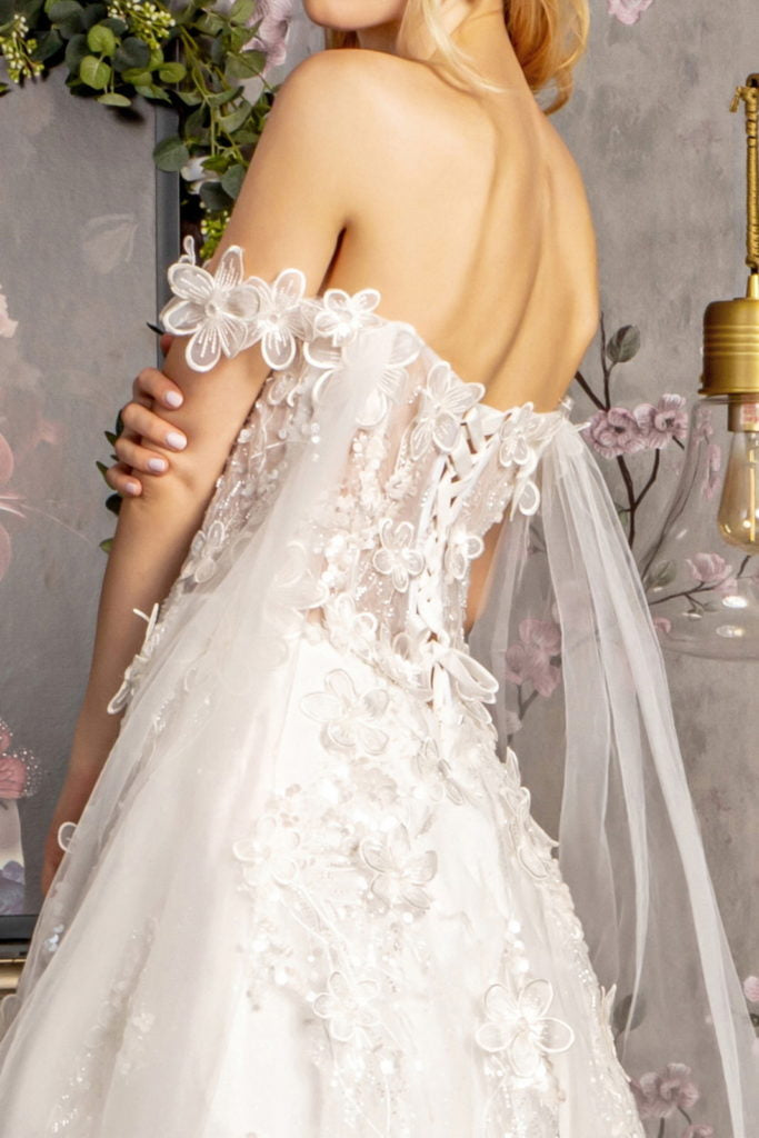 3-D Flower Sequin Off Shoulder Mesh A-line Long Dress w/ Side Drapes Purplish Diva