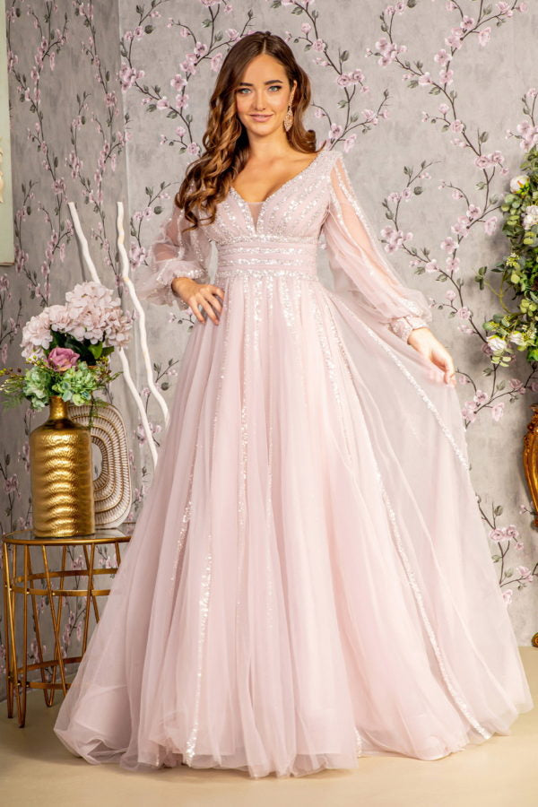 Bead Sequin Mesh A-line Long Dress w/ Sheer Puff Sleeves Purplish Diva