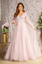 Bead Sequin Mesh A-line Long Dress w/ Sheer Puff Sleeves Purplish Diva