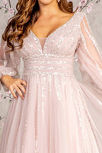 Bead Sequin Mesh A-line Long Dress w/ Sheer Puff Sleeves Purplish Diva