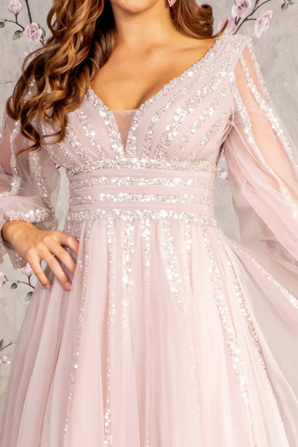 Bead Sequin Mesh A-line Long Dress w/ Sheer Puff Sleeves Purplish Diva