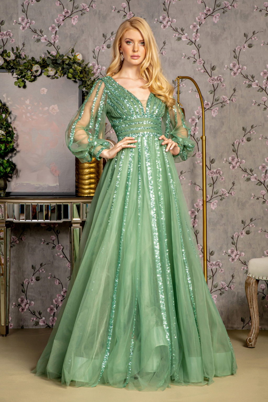 Bead Sequin Mesh A-line Long Dress w/ Sheer Puff Sleeves Purplish Diva