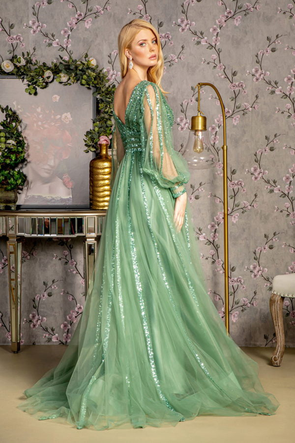 Bead Sequin Mesh A-line Long Dress w/ Sheer Puff Sleeves Purplish Diva