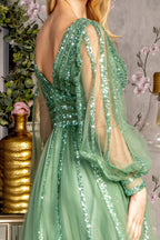 Bead Sequin Mesh A-line Long Dress w/ Sheer Puff Sleeves Purplish Diva