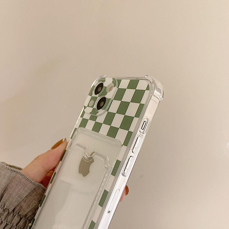 Glamorous Phone Case Shiny Transparent Card Holder Slim Soft Silicone Shockproof Case For iPhone 14 13 11 12 Pro Max 7 8 Plus Cute Green Checkerboard Clear Cover For iPhone X XR XS Shockproof Card Holder Phone Case Stevvex