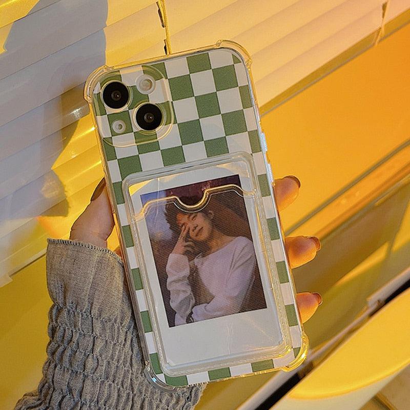 Glamorous Phone Case Shiny Transparent Card Holder Slim Soft Silicone Shockproof Case For iPhone 14 13 11 12 Pro Max 7 8 Plus Cute Green Checkerboard Clear Cover For iPhone X XR XS Shockproof Card Holder Phone Case Stevvex