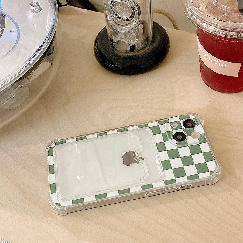 Glamorous Phone Case Shiny Transparent Card Holder Slim Soft Silicone Shockproof Case For iPhone 14 13 11 12 Pro Max 7 8 Plus Cute Green Checkerboard Clear Cover For iPhone X XR XS Shockproof Card Holder Phone Case Stevvex