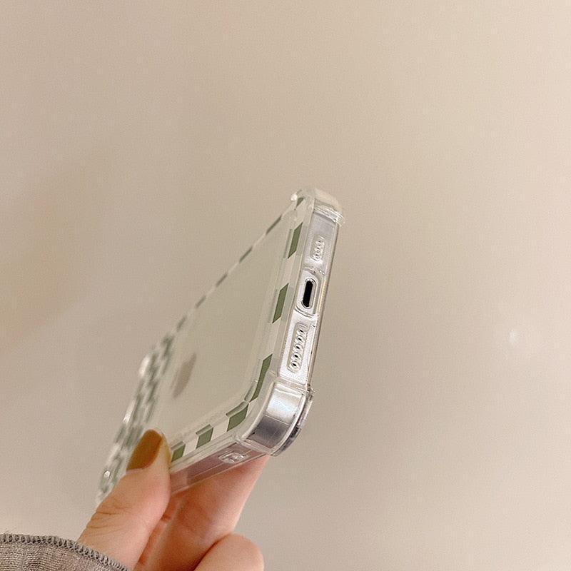 Glamorous Phone Case Shiny Transparent Card Holder Slim Soft Silicone Shockproof Case For iPhone 14 13 11 12 Pro Max 7 8 Plus Cute Green Checkerboard Clear Cover For iPhone X XR XS Shockproof Card Holder Phone Case Stevvex