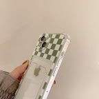 Glamorous Phone Case Shiny Transparent Card Holder Slim Soft Silicone Shockproof Case For iPhone 14 13 11 12 Pro Max 7 8 Plus Cute Green Checkerboard Clear Cover For iPhone X XR XS Shockproof Card Holder Phone Case Stevvex