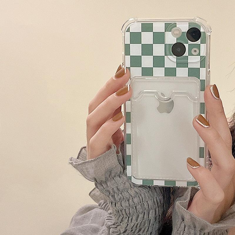 Glamorous Phone Case Shiny Transparent Card Holder Slim Soft Silicone Shockproof Case For iPhone 14 13 11 12 Pro Max 7 8 Plus Cute Green Checkerboard Clear Cover For iPhone X XR XS Shockproof Card Holder Phone Case Stevvex