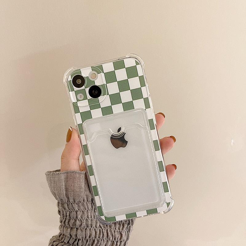 Glamorous Phone Case Shiny Transparent Card Holder Slim Soft Silicone Shockproof Case For iPhone 14 13 11 12 Pro Max 7 8 Plus Cute Green Checkerboard Clear Cover For iPhone X XR XS Shockproof Card Holder Phone Case Stevvex