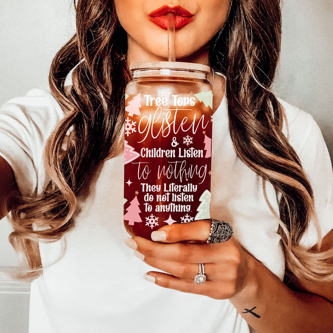 Holiday Funny Insulated Tumbler 17oz Tree Tops Glisten Children Don't Listen Coffee Cup BandsCo Straps