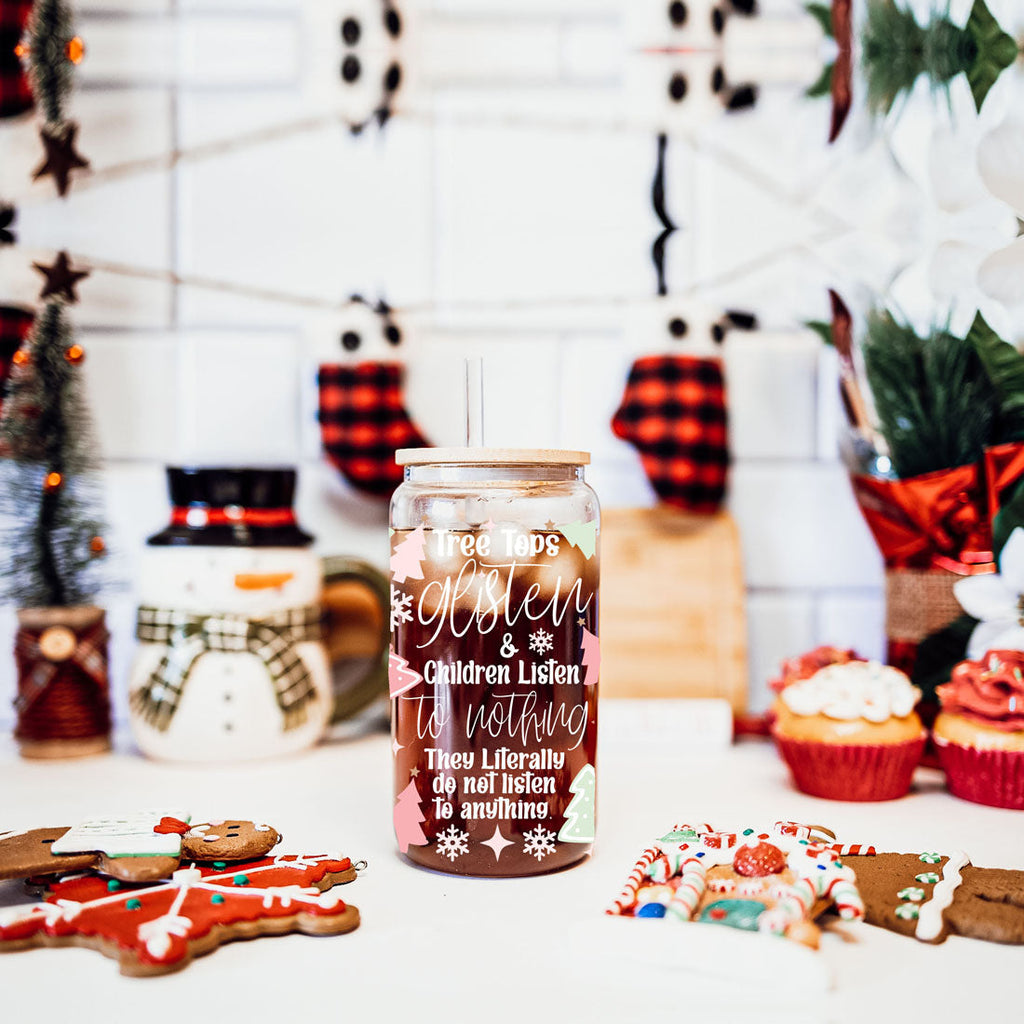Holiday Funny Insulated Tumbler 17oz Tree Tops Glisten Children Don't Listen Coffee Cup BandsCo Straps