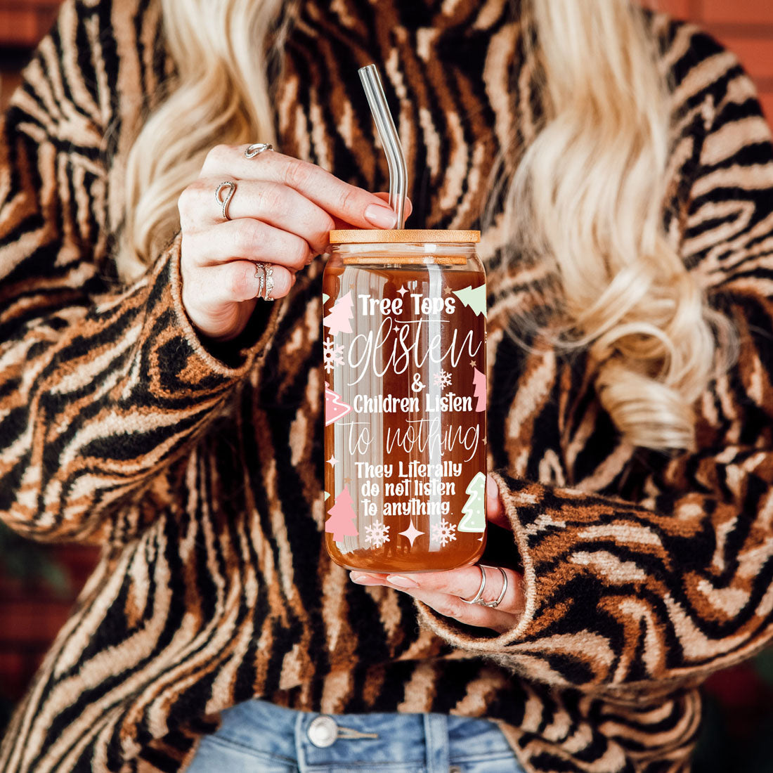 Holiday Funny Insulated Tumbler 17oz Tree Tops Glisten Children Don't Listen Coffee Cup BandsCo Straps
