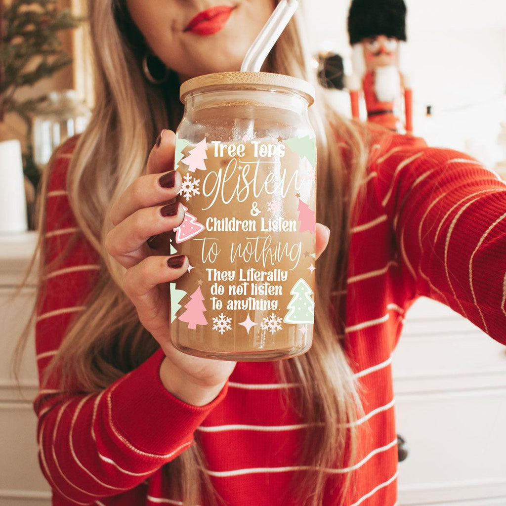 Holiday Funny Insulated Tumbler 17oz Tree Tops Glisten Children Don't Listen Coffee Cup BandsCo Straps