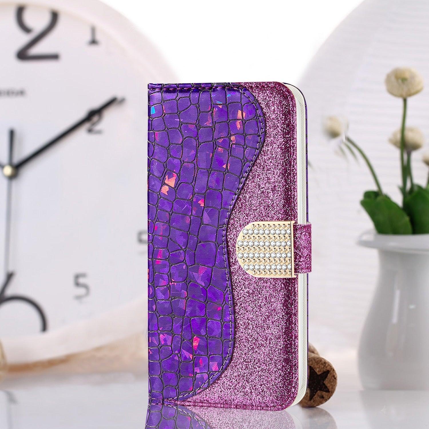 Glitter Leather Case For iPhone 11 12 13 14 Pro XR XS Max Alligator Flip Case Cover For iPhone SE Glitter Matching Texture Horizontal Flip Leather Case with Card Slots & Holder & Wallet Phone Accessories Stevvex