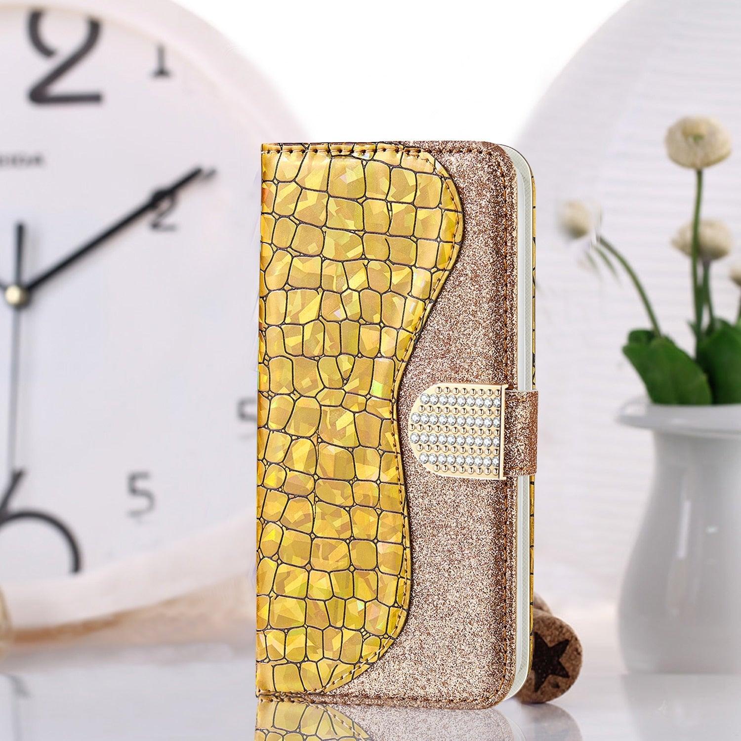 Glitter Leather Case For iPhone 11 12 13 14 Pro XR XS Max Alligator Flip Case Cover For iPhone SE Glitter Matching Texture Horizontal Flip Leather Case with Card Slots & Holder & Wallet Phone Accessories Stevvex