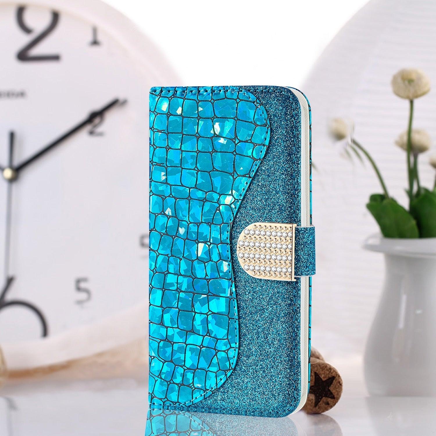 Glitter Leather Case For iPhone 11 12 13 14 Pro XR XS Max Alligator Flip Case Cover For iPhone SE Glitter Matching Texture Horizontal Flip Leather Case with Card Slots & Holder & Wallet Phone Accessories Stevvex