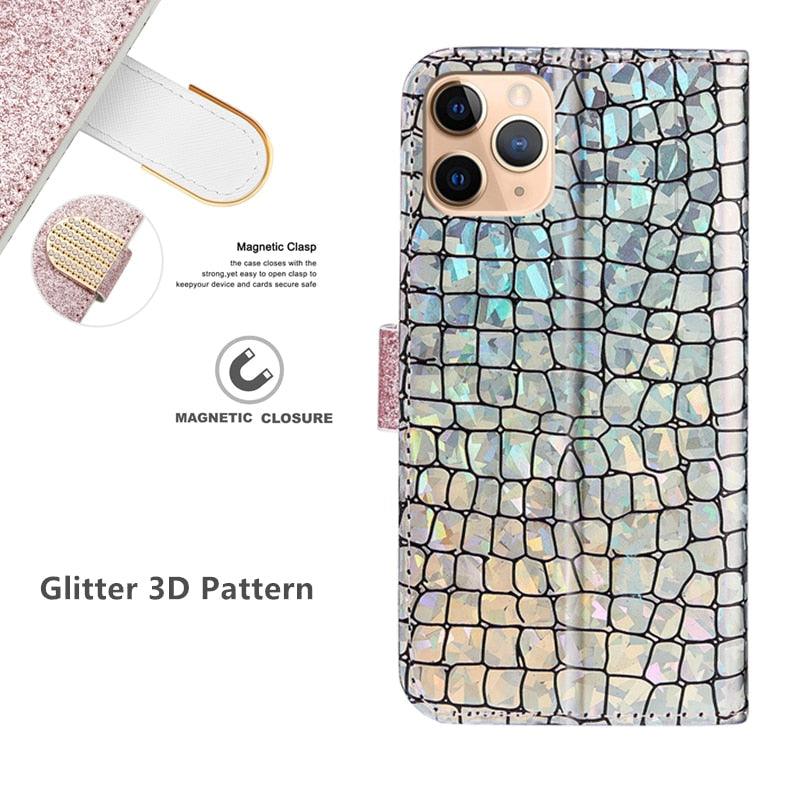 Glitter Leather Case For iPhone 11 12 13 14 Pro XR XS Max Alligator Flip Case Cover For iPhone SE Glitter Matching Texture Horizontal Flip Leather Case with Card Slots & Holder & Wallet Phone Accessories Stevvex
