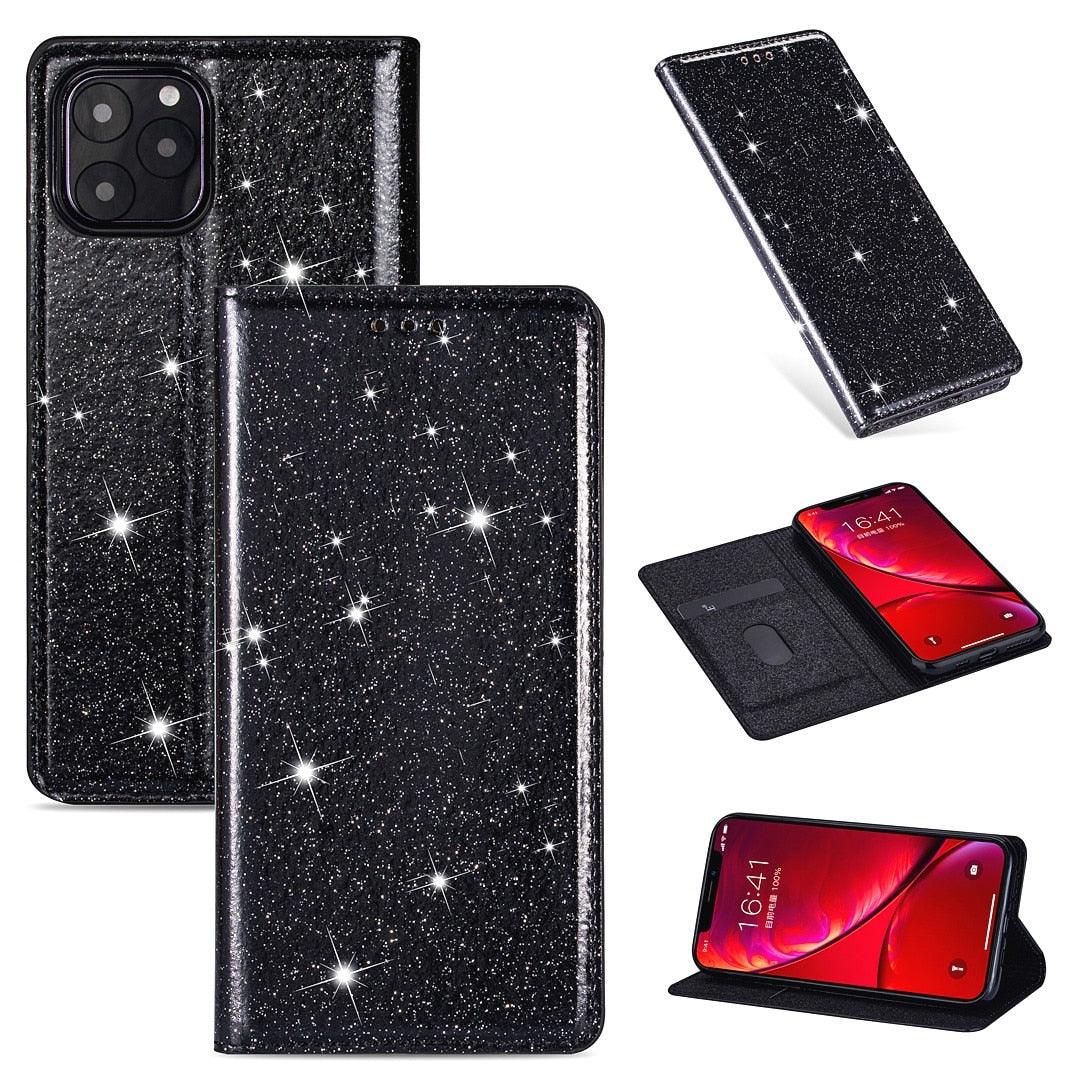 Glitter Leather Magnetic Flip Case for IPhone 14 13 11 12 Mini Pro Max Wallet Card Holder Cover Flip Shockproof Leather Wallet Case With Stand Silicone Bumper Cover Stevvex