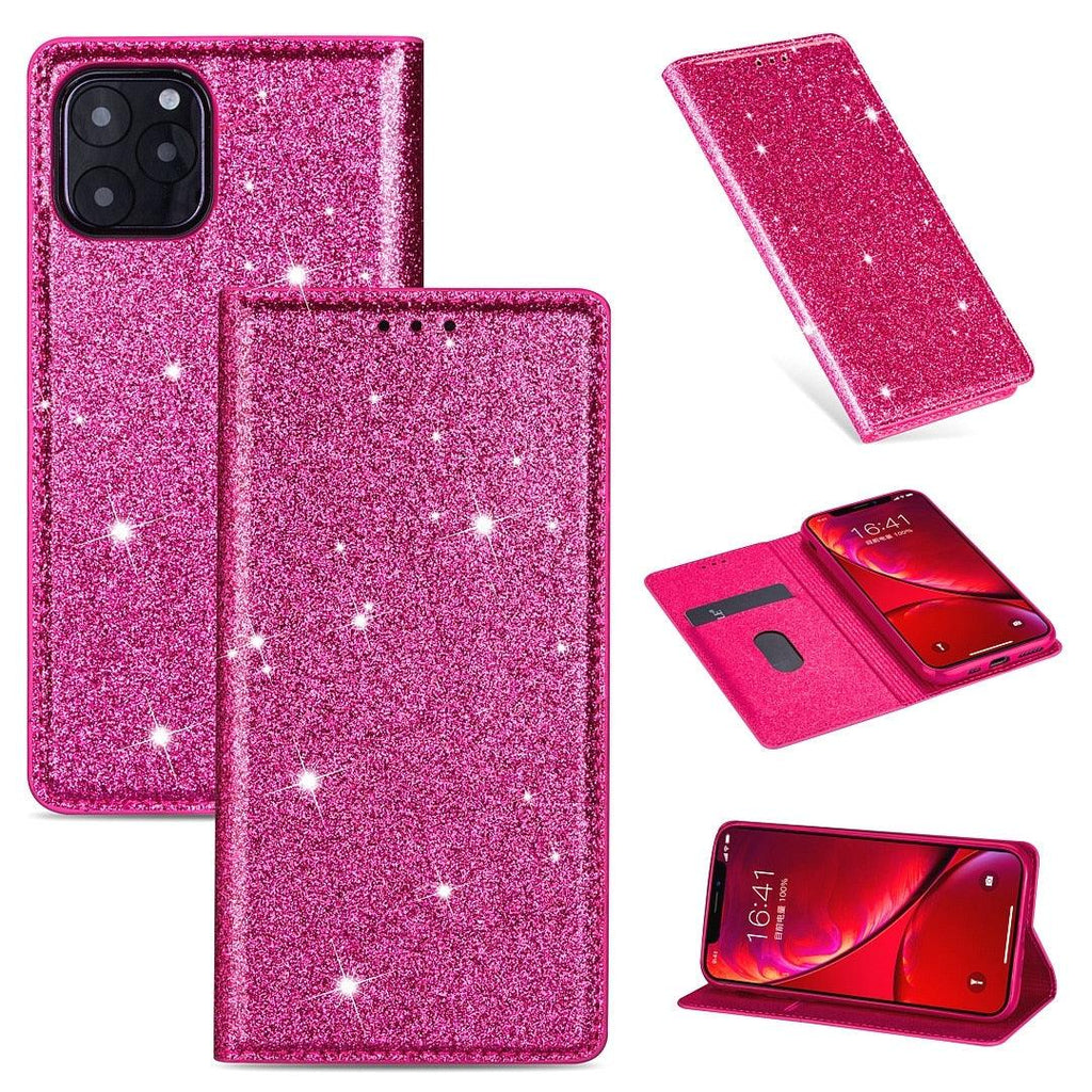 Glitter Leather Magnetic Flip Case for IPhone 14 13 11 12 Mini Pro Max Wallet Card Holder Cover Flip Shockproof Leather Wallet Case With Stand Silicone Bumper Cover Stevvex