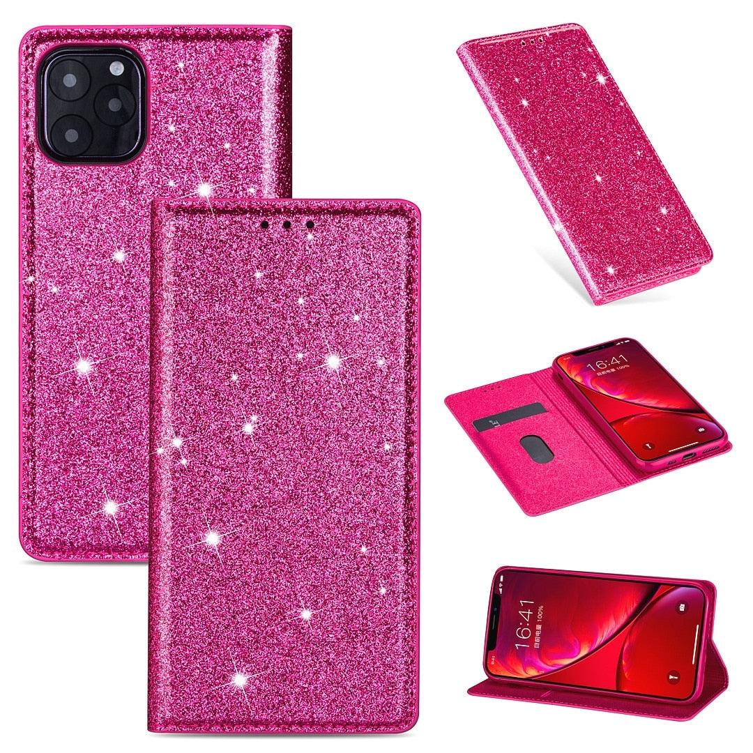 Glitter Leather Magnetic Flip Case for IPhone 14 13 11 12 Mini Pro Max Wallet Card Holder Cover Flip Shockproof Leather Wallet Case With Stand Silicone Bumper Cover Stevvex