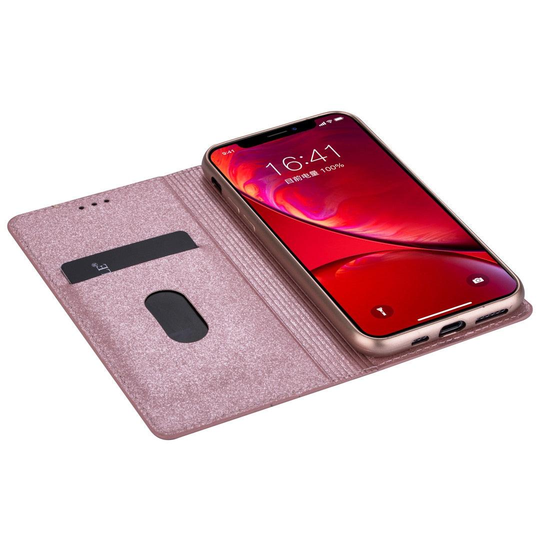 Glitter Leather Magnetic Flip Case for IPhone 14 13 11 12 Mini Pro Max Wallet Card Holder Cover Flip Shockproof Leather Wallet Case With Stand Silicone Bumper Cover Stevvex