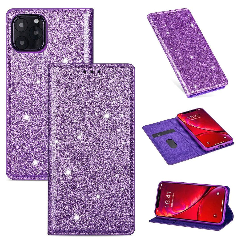 Glitter Leather Magnetic Flip Case for IPhone 14 13 11 12 Mini Pro Max Wallet Card Holder Cover Flip Shockproof Leather Wallet Case With Stand Silicone Bumper Cover Stevvex