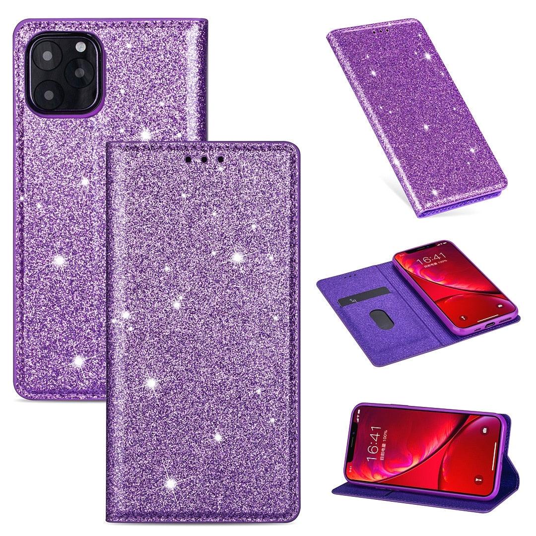 Glitter Leather Magnetic Flip Case for IPhone 14 13 11 12 Mini Pro Max Wallet Card Holder Cover Flip Shockproof Leather Wallet Case With Stand Silicone Bumper Cover Stevvex