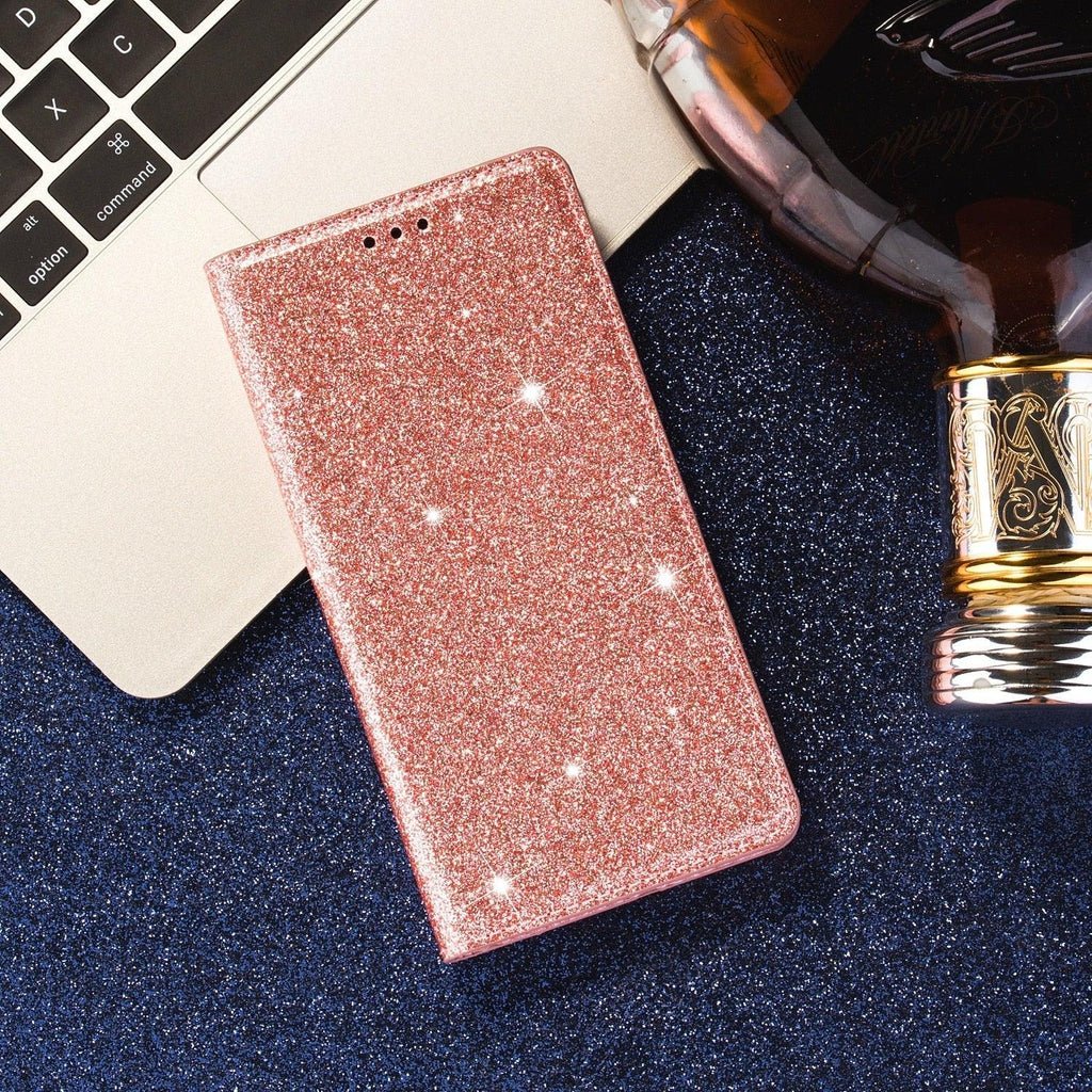 Glitter Leather Magnetic Flip Case for IPhone 14 13 11 12 Mini Pro Max Wallet Card Holder Cover Flip Shockproof Leather Wallet Case With Stand Silicone Bumper Cover Stevvex