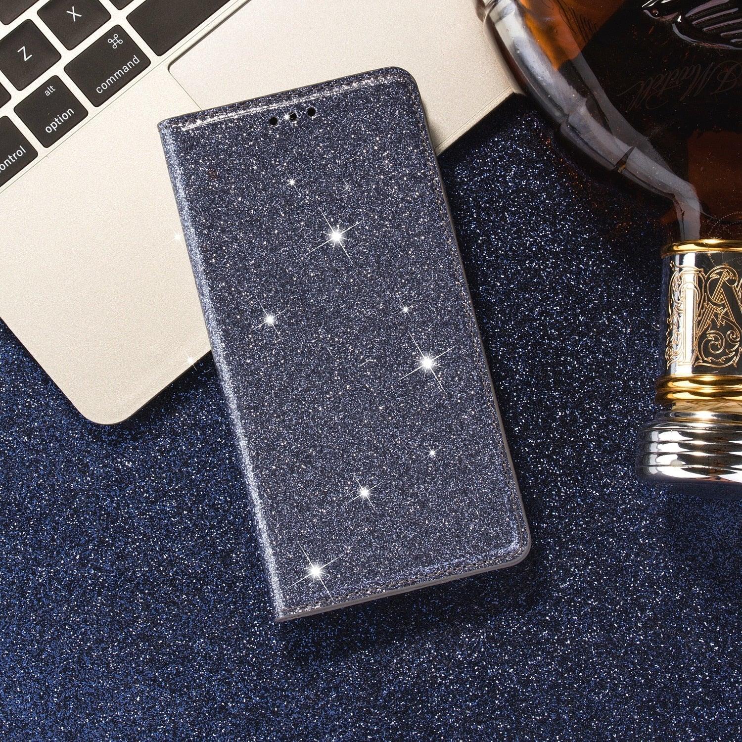 Glitter Leather Magnetic Flip Case for IPhone 14 13 11 12 Mini Pro Max Wallet Card Holder Cover Flip Shockproof Leather Wallet Case With Stand Silicone Bumper Cover Stevvex