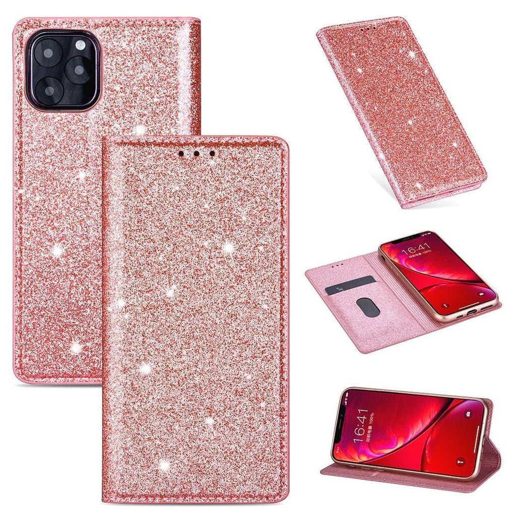 Glitter Leather Magnetic Flip Case for IPhone 14 13 11 12 Mini Pro Max Wallet Card Holder Cover Flip Shockproof Leather Wallet Case With Stand Silicone Bumper Cover Stevvex