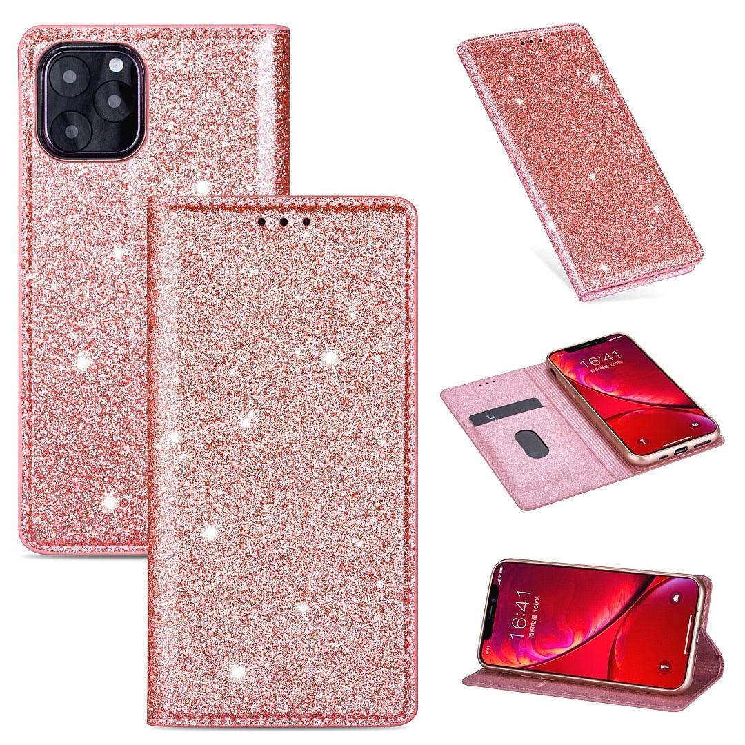 Glitter Leather Magnetic Flip Case for IPhone 14 13 11 12 Mini Pro Max Wallet Card Holder Cover Flip Shockproof Leather Wallet Case With Stand Silicone Bumper Cover Stevvex