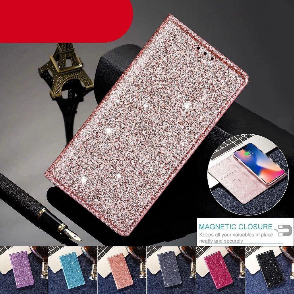 Glitter Leather Magnetic Flip Case for IPhone 14 13 11 12 Mini Pro Max Wallet Card Holder Cover Flip Shockproof Leather Wallet Case With Stand Silicone Bumper Cover Stevvex