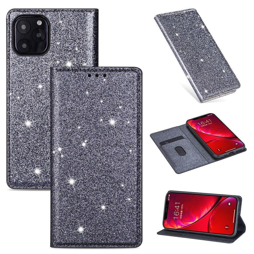 Glitter Leather Magnetic Flip Case for IPhone 14 13 11 12 Mini Pro Max Wallet Card Holder Cover Flip Shockproof Leather Wallet Case With Stand Silicone Bumper Cover Stevvex