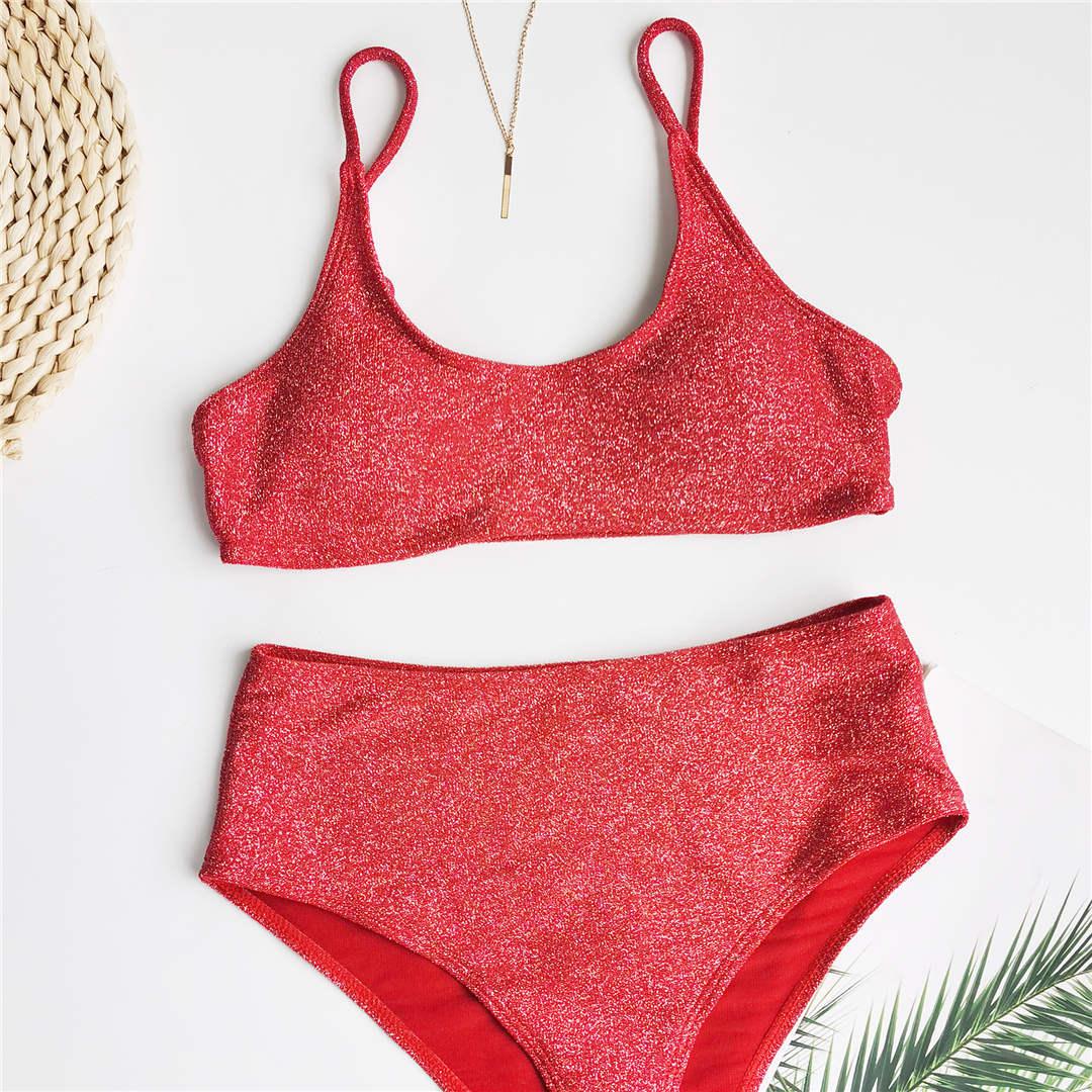Glitter Sparkling Female Swimsuit High Waist Bikini Women's High Waist Bikinis Party Glitter Scoop Neck Crop Top Swimsuits Two Piece Bathing Suit Women Swimwear Two-pieces Bikini Set Summer Swim Suit Stevvex