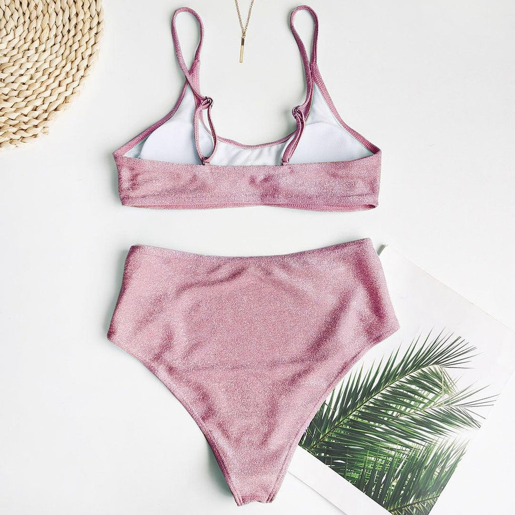 Glitter Sparkling Female Swimsuit High Waist Bikini Women's High Waist Bikinis Party Glitter Scoop Neck Crop Top Swimsuits Two Piece Bathing Suit Women Swimwear Two-pieces Bikini Set Summer Swim Suit Stevvex