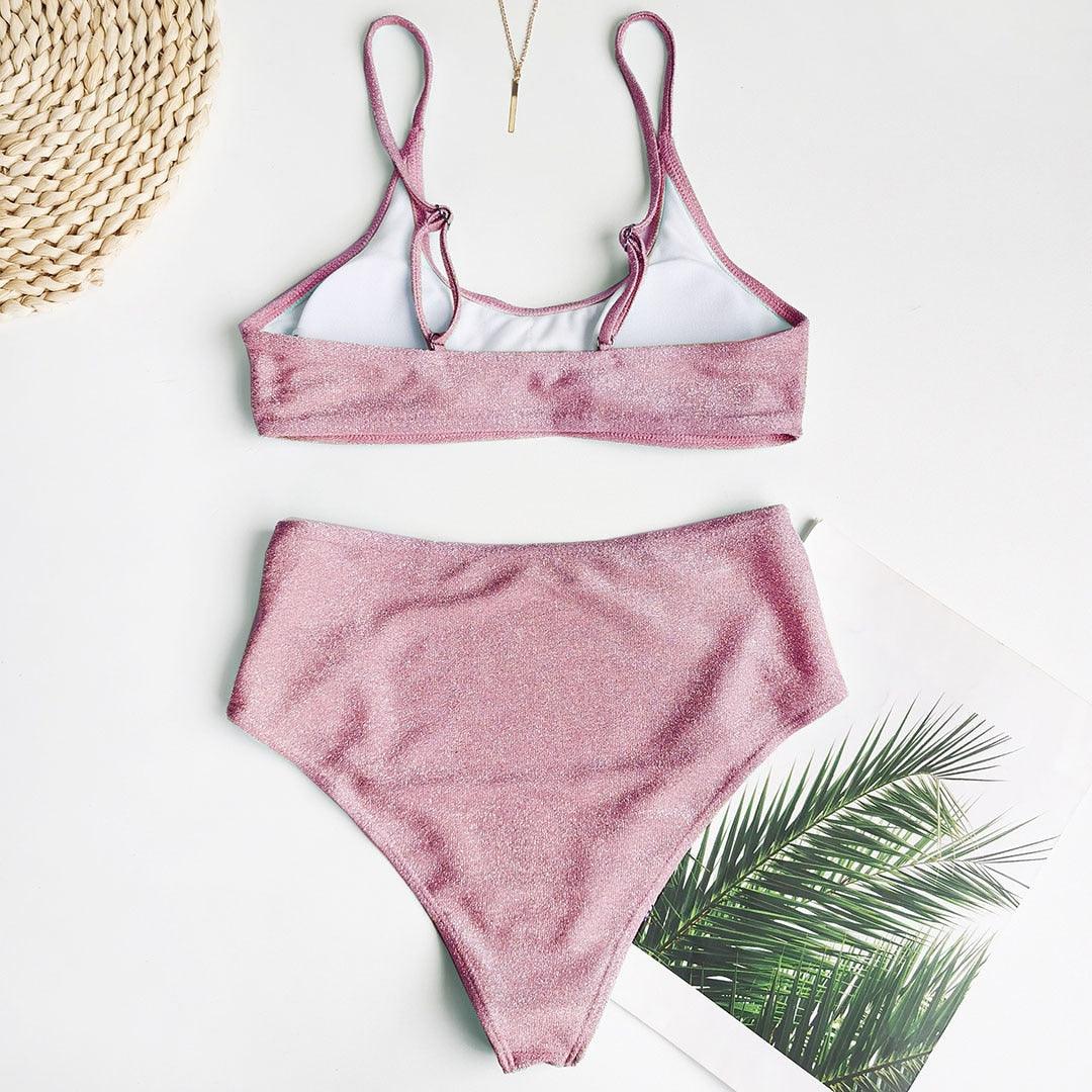 Glitter Sparkling Female Swimsuit High Waist Bikini Women's High Waist Bikinis Party Glitter Scoop Neck Crop Top Swimsuits Two Piece Bathing Suit Women Swimwear Two-pieces Bikini Set Summer Swim Suit Stevvex