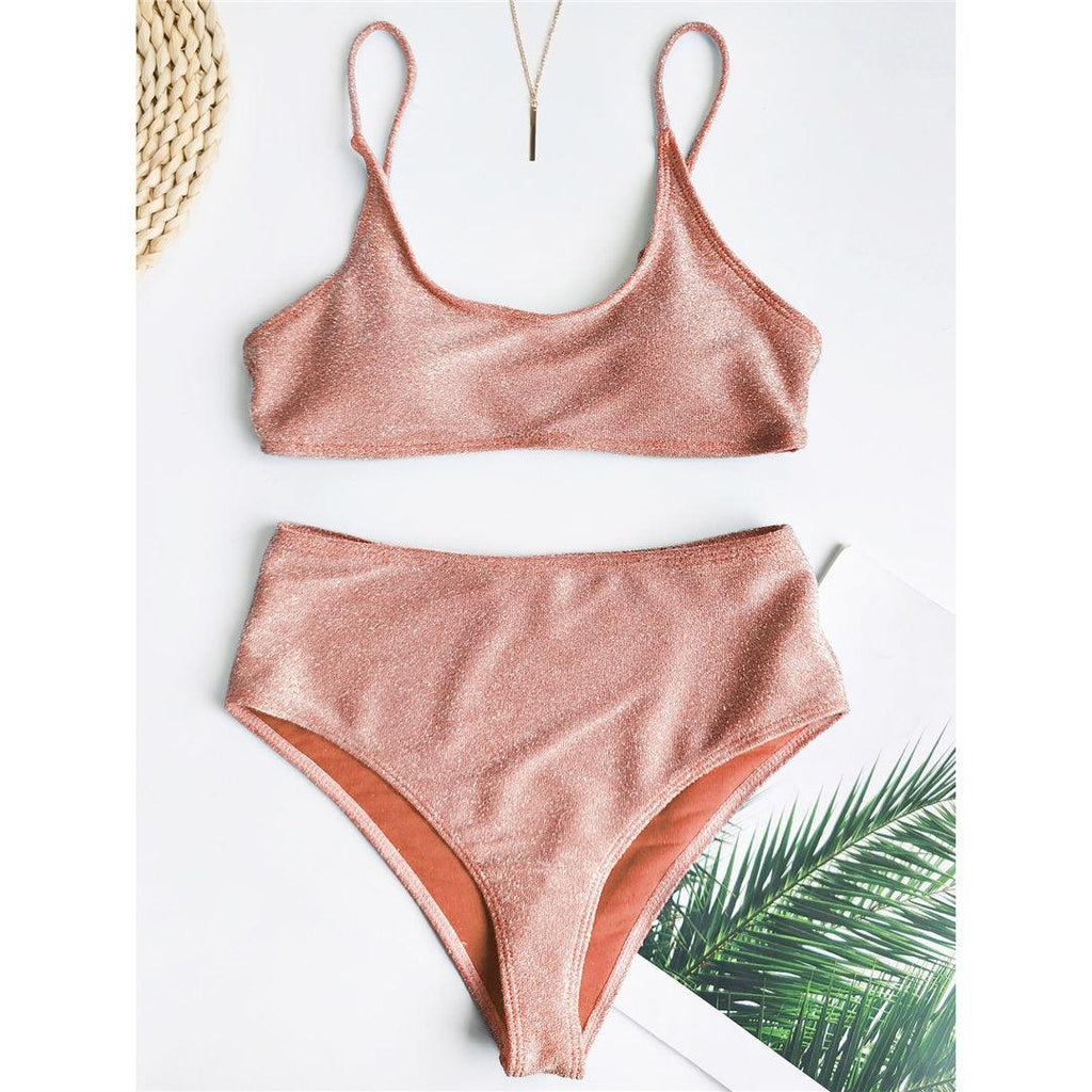 Glitter Sparkling Female Swimsuit High Waist Bikini Women's High Waist Bikinis Party Glitter Scoop Neck Crop Top Swimsuits Two Piece Bathing Suit Women Swimwear Two-pieces Bikini Set Summer Swim Suit Stevvex