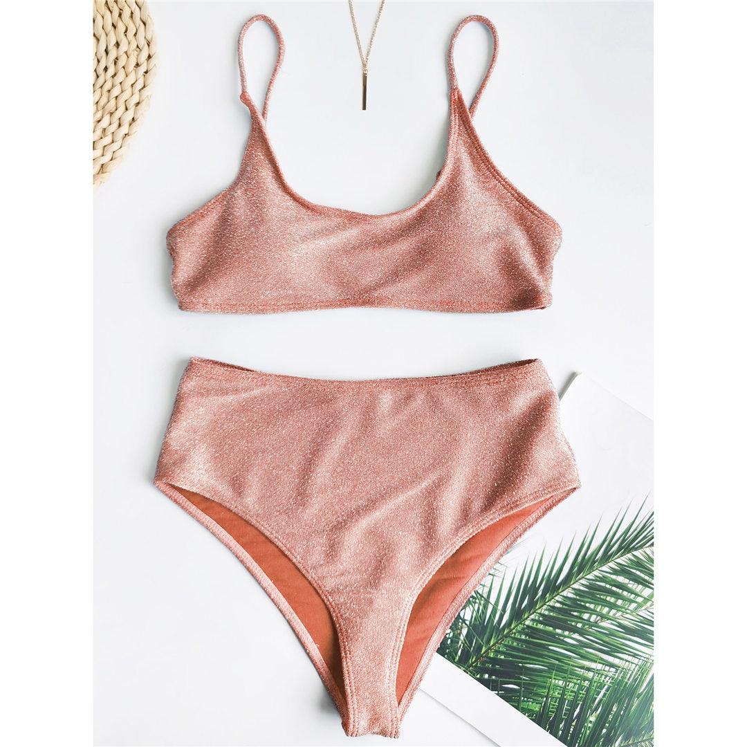 Glitter Sparkling Female Swimsuit High Waist Bikini Women's High Waist Bikinis Party Glitter Scoop Neck Crop Top Swimsuits Two Piece Bathing Suit Women Swimwear Two-pieces Bikini Set Summer Swim Suit Stevvex