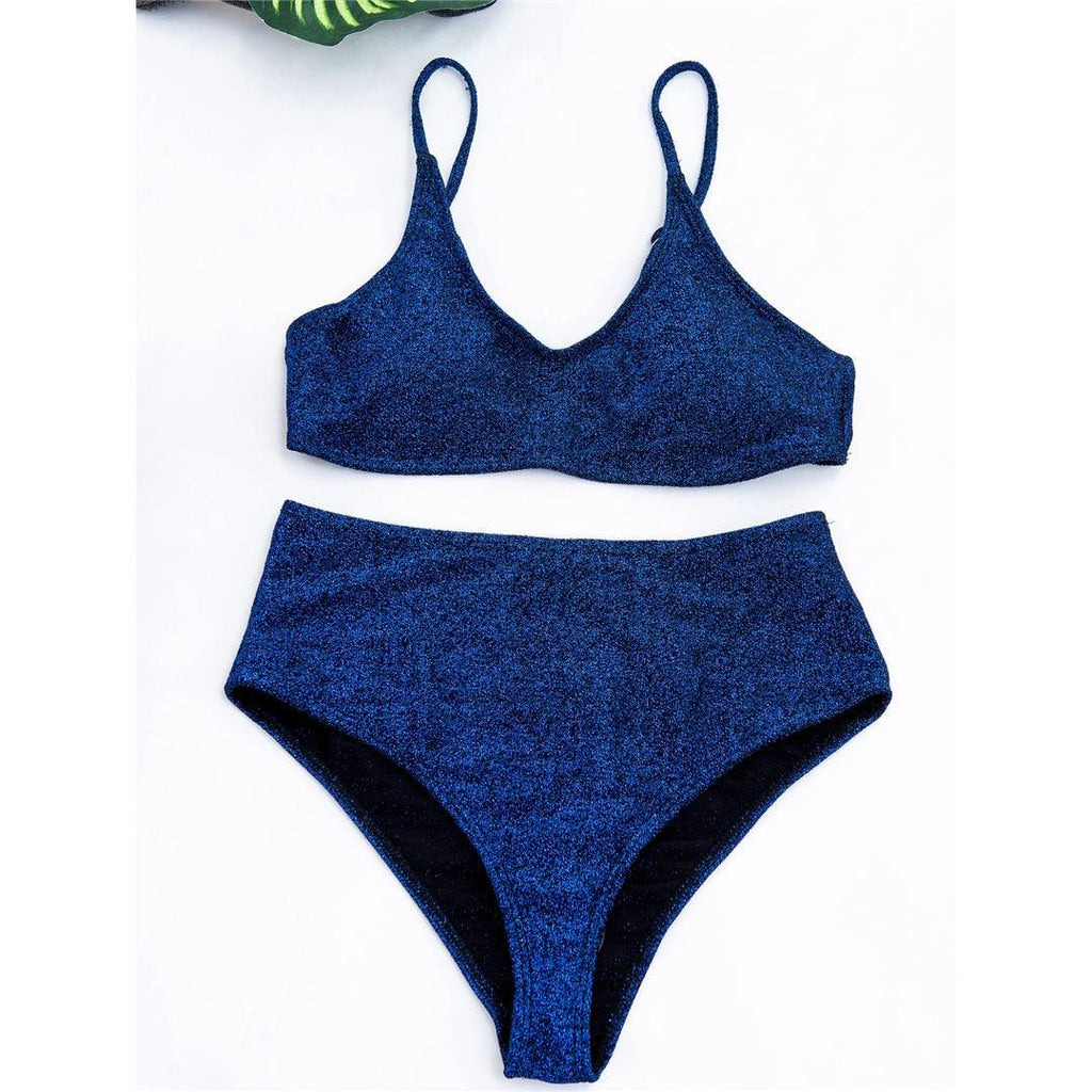 Glitter Sparkling Female Swimsuit High Waist Bikini Women's High Waist Bikinis Party Glitter Scoop Neck Crop Top Swimsuits Two Piece Bathing Suit Women Swimwear Two-pieces Bikini Set Summer Swim Suit Stevvex