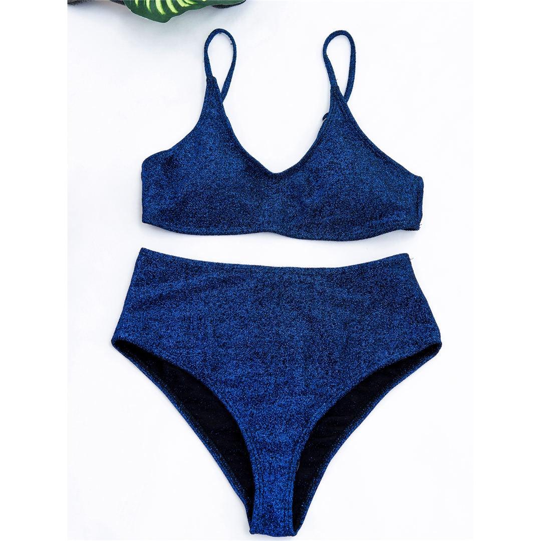 Glitter Sparkling Female Swimsuit High Waist Bikini Women's High Waist Bikinis Party Glitter Scoop Neck Crop Top Swimsuits Two Piece Bathing Suit Women Swimwear Two-pieces Bikini Set Summer Swim Suit Stevvex
