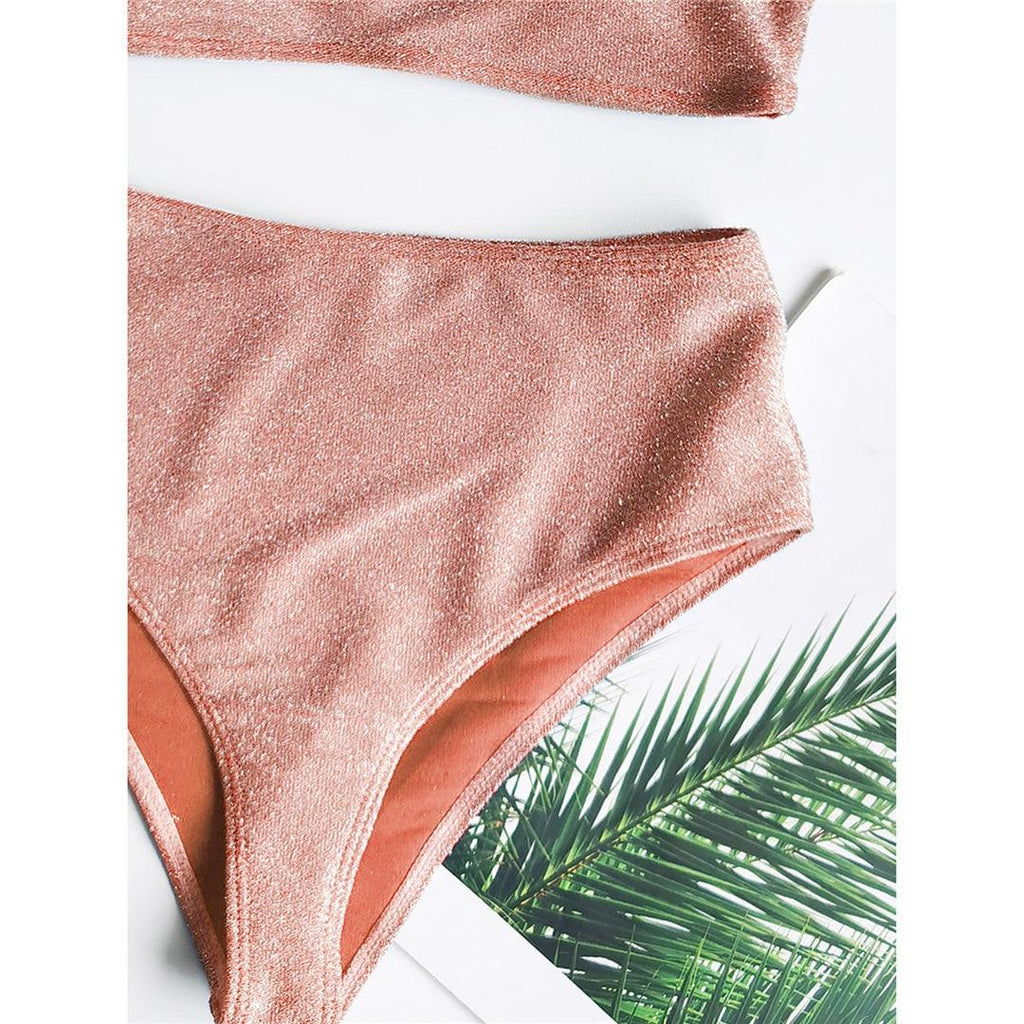 Glitter Sparkling Female Swimsuit High Waist Bikini Women's High Waist Bikinis Party Glitter Scoop Neck Crop Top Swimsuits Two Piece Bathing Suit Women Swimwear Two-pieces Bikini Set Summer Swim Suit Stevvex