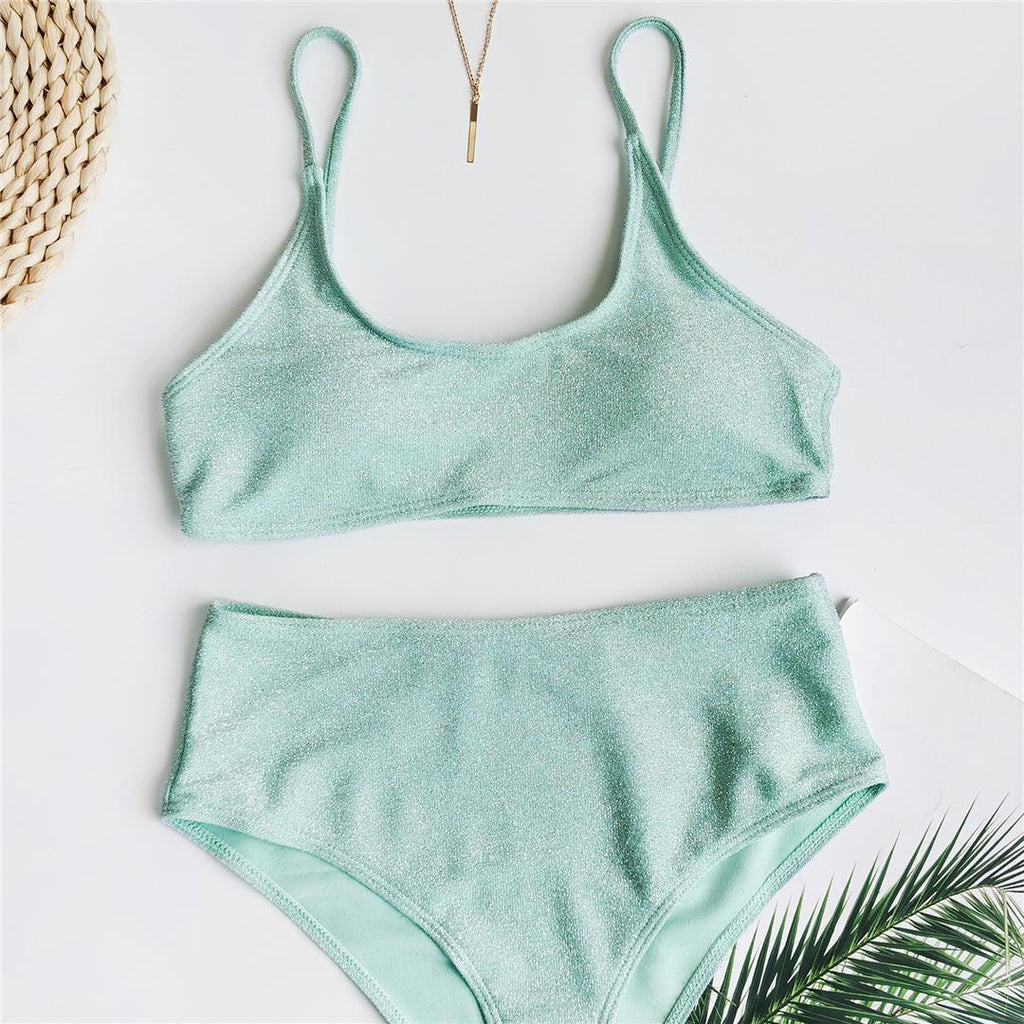 Glitter Sparkling Female Swimsuit High Waist Bikini Women's High Waist Bikinis Party Glitter Scoop Neck Crop Top Swimsuits Two Piece Bathing Suit Women Swimwear Two-pieces Bikini Set Summer Swim Suit Stevvex