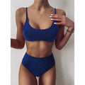 Glitter Sparkling Female Swimsuit High Waist Bikini Women's High Waist Bikinis Party Glitter Scoop Neck Crop Top Swimsuits Two Piece Bathing Suit Women Swimwear Two-pieces Bikini Set Summer Swim Suit Stevvex