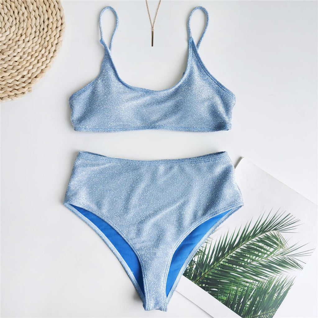 Glitter Sparkling Female Swimsuit High Waist Bikini Women's High Waist Bikinis Party Glitter Scoop Neck Crop Top Swimsuits Two Piece Bathing Suit Women Swimwear Two-pieces Bikini Set Summer Swim Suit Stevvex
