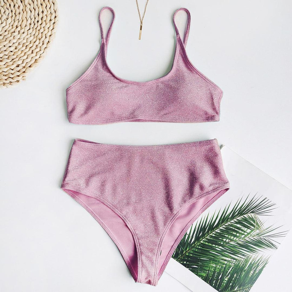Glitter Sparkling Female Swimsuit High Waist Bikini Women's High Waist Bikinis Party Glitter Scoop Neck Crop Top Swimsuits Two Piece Bathing Suit Women Swimwear Two-pieces Bikini Set Summer Swim Suit Stevvex