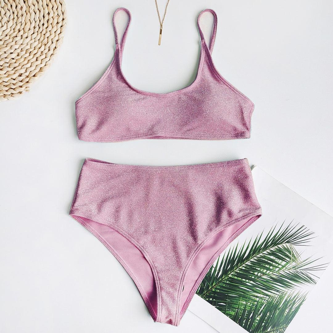 Glitter Sparkling Female Swimsuit High Waist Bikini Women's High Waist Bikinis Party Glitter Scoop Neck Crop Top Swimsuits Two Piece Bathing Suit Women Swimwear Two-pieces Bikini Set Summer Swim Suit Stevvex