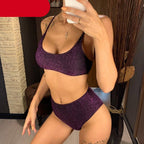 Glitter Sparkling Female Swimsuit High Waist Bikini Women's High Waist Bikinis Party Glitter Scoop Neck Crop Top Swimsuits Two Piece Bathing Suit Women Swimwear Two-pieces Bikini Set Summer Swim Suit Stevvex
