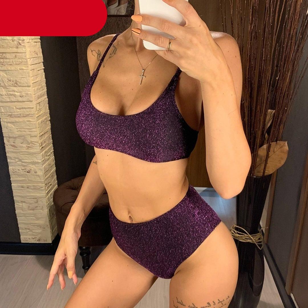 Glitter Sparkling Female Swimsuit High Waist Bikini Women's High Waist Bikinis Party Glitter Scoop Neck Crop Top Swimsuits Two Piece Bathing Suit Women Swimwear Two-pieces Bikini Set Summer Swim Suit Stevvex